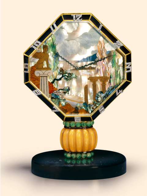 18K gold and enamel, diamond-set, onyz, amber and emeral Art Deco 8 day going clock with mother of pearl dial, in original fitted box. Vacheron & Constantin, c. 1925 — Antique Clocks Price Guide