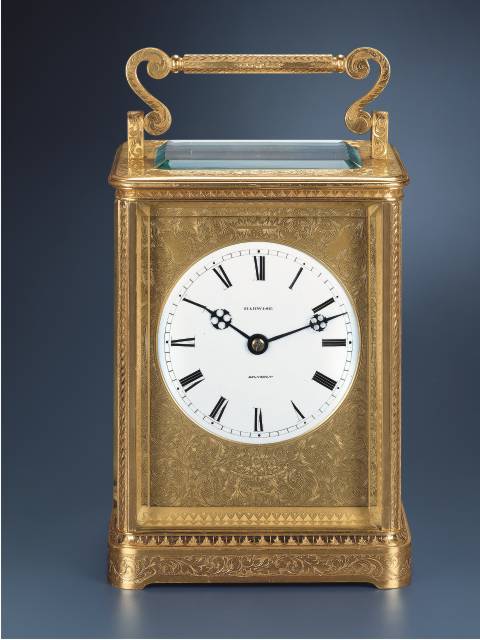 "Giant" gilt brass double-train eight day-going carriage clock striking and repeating the hours; Barwise, London, circa 1850. — Antique Clocks Price Guide