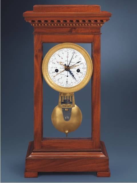 8 day-going mahogany center-seconds mantle regulator with decimal and duo-decimal chapters and Revolutionary and Gregorian calendars; Attributable to Lepaute, Paris, circa 1795. — Antique Clocks Price Guide