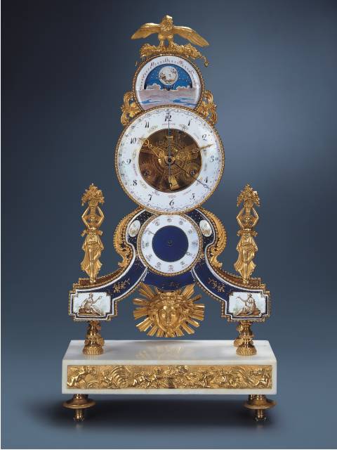 Dead center-seconds, 8 day-going astronomical, moon phase, triple calendar and zodiac, skeletonized mantle regulator; Paris, circa 1800 — Antique Clocks Price Guide
