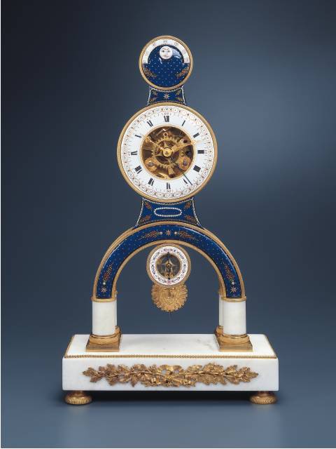 8-day going marble, enamel, and ormolu astronomical mantle clock with date, days of the week, striking the hours and half hours, Terrien, Paris, circa 1800. — Antique Clocks Price Guide