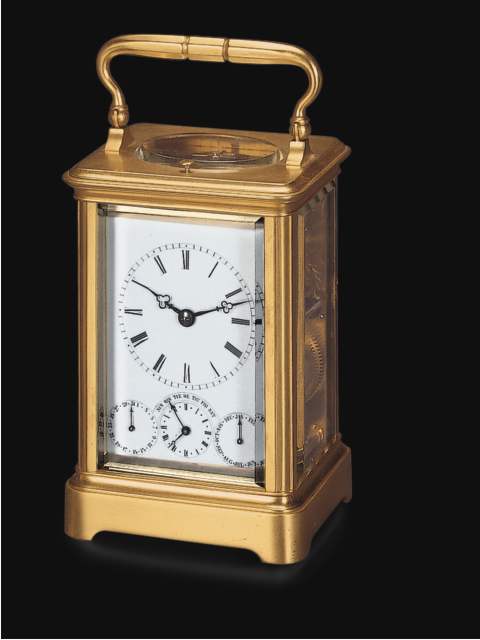Gilt brass, eight day-going carriage clock with alarm and retrograde calendar. French, circa 1870. — Antique Clocks Price Guide
