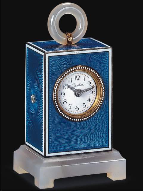 Very fine silver, enamel, and agate, eight day-going small desk clock with original Morocco fitted box. Cartier, Paris, circa 1910. — Antique Clocks Price Guide