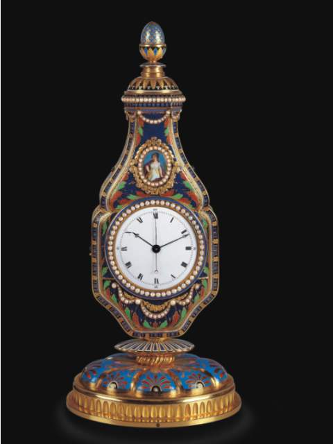Magnificent and extremely rare, 18K gold and enamel, pearl-set musical center-seconds scent flask fitted with a watch, with carillon and exceptional automaton scene. Attributable to John Rich and Decombaz, circa 1805, made for the Chinese market. — Antique Clocks Price Guide