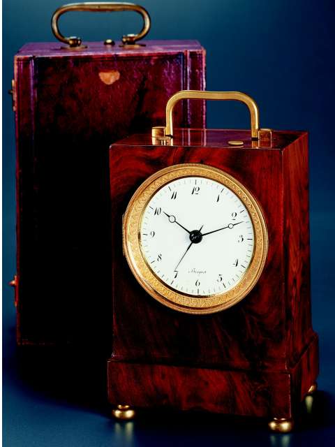 Mahogany, eight-day going, quarter repeating grande et petite sonnerie carriage clock with alarm and special escapement, with contemporary fitted box. Breguet et Fils, c. 1805 — Antique Clocks Price Guide