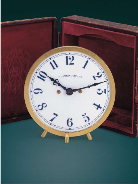 Gilt brass and glass Gaslight Night Clock in original leather fitted box. American Waltham Watch Co, circa 1885. — Antique Clocks Price Guide