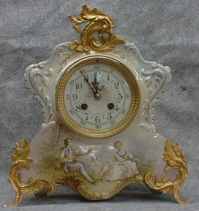 FRENCH PORCELAIN MANTLE CLOCK IN 3/4 SIZE. CIRCA 1889-1900. — Antique Clocks Price Guide