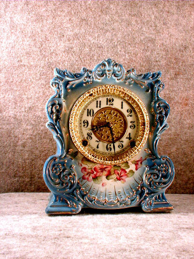 PORCELAIN No. 431 MANTEL CLOCK IN PEACOCK BLUE BY THE GILBERT CLOCK CO. CIRCA 1910-1920. — Antique Clocks Price Guide