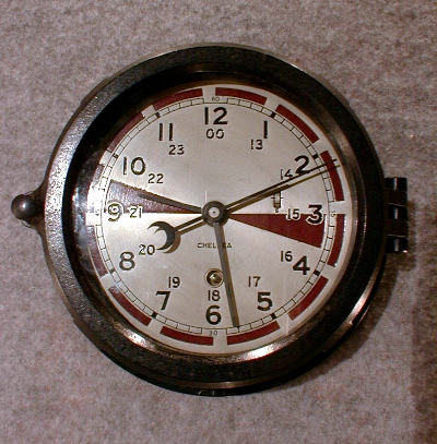 THIS IS A CHELSEA 6" HINGED PHENOLIC CASED "RADIO ROOM" SHIP's CLOCK TIMEPIECE. CIRCA 1944 — Antique Clocks Price Guide