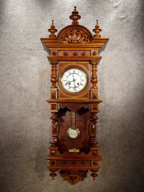 German "Berliner" Style Open Well Wall Clock, Made Of Walnut Solids And Veneers. Circa 1900. — Antique Clocks Price Guide