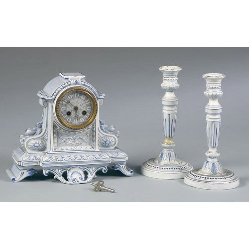 Delft Three-Piece Clock Set, — Antique Clocks Price Guide