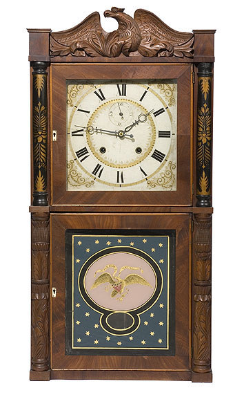 E. Terry & Sons Carved & Stenciled Wooden Works Half Column Clock, — Antique Clocks Price Guide