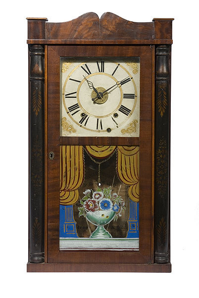 Henry Terry & Co. Wooden Works Stenciled Half Column Clock with Alarm, — Antique Clocks Price Guide