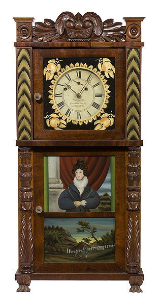 Asa Munger & Co. Beautifully Carved & Stenciled Triple Decker Clock, — Antique Clocks Price Guide