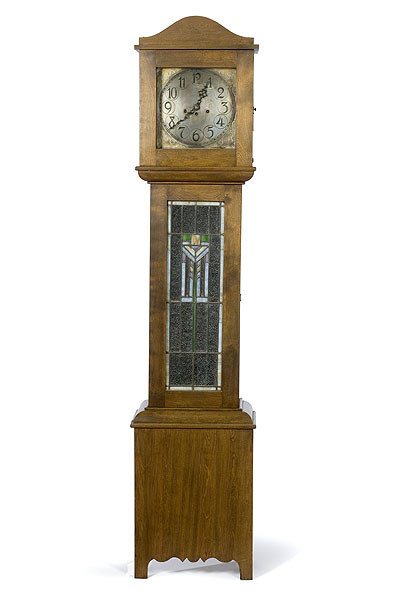 L.C.R.S. Chicago Tall Case Clock with Prairie School Stained Glass Waist Door silvered engraved brass dial, — Antique Clocks Price Guide