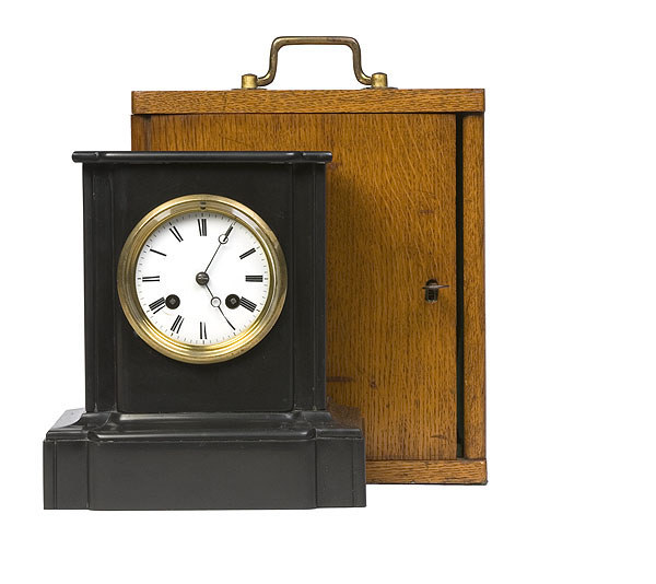 French Japy Freres Black Marble Shelf Clock in Fitted Oak Case, — Antique Clocks Price Guide