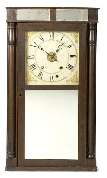 Scarce Henry Terry & Co. Mirrored Mahogany Half Column Clock with Alarm, — Antique Clocks Price Guide
