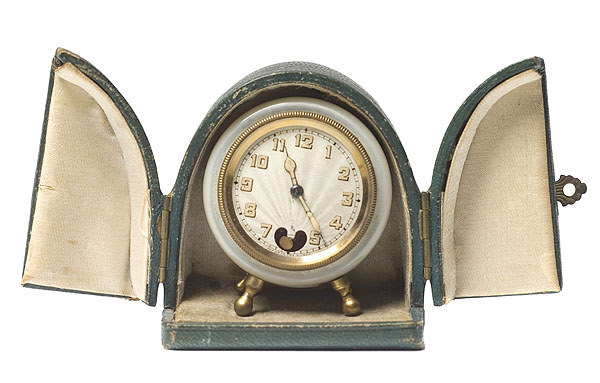 French Enameled Traveling Clock in Tiffany Style Box, — Antique Clocks Price Guide
