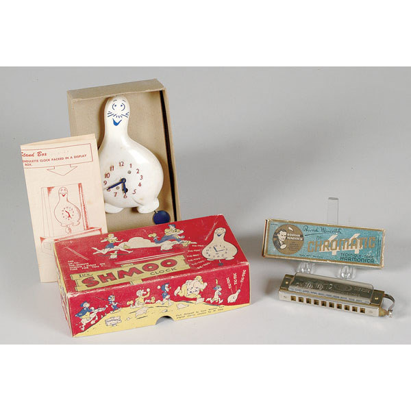Minevitch Chromatic Harmonica & Shmoo Clock with Boxes, — Antique Clocks Price Guide