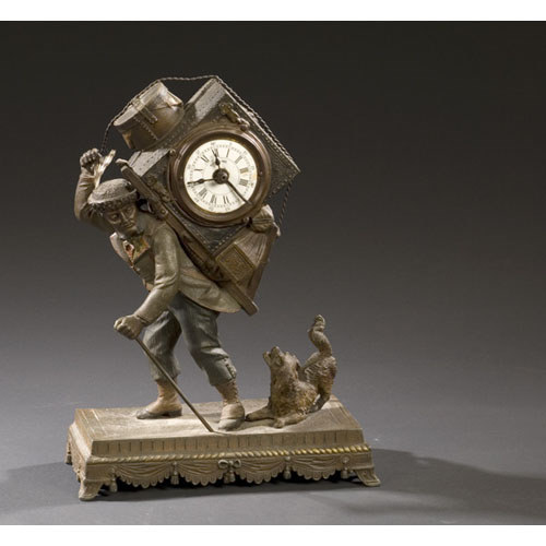 Fine Continental Novelty Clock of Itinerant Peddler, — Antique Clocks Price Guide