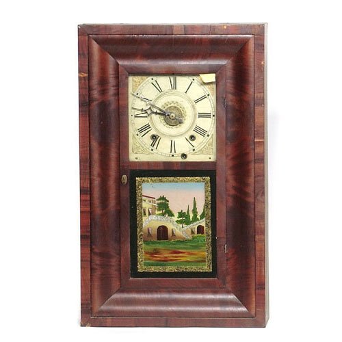 Ogee Shelf Clock, TS & A Wooden Movement,, white label reading, Smith & Brothers 7 1/2 Bowery New York plastered over blue label. — Antique Clocks Price Guide