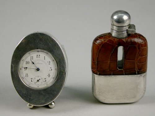 Silver Desk Clock & Hip Flask, — Antique Clocks Price Guide
