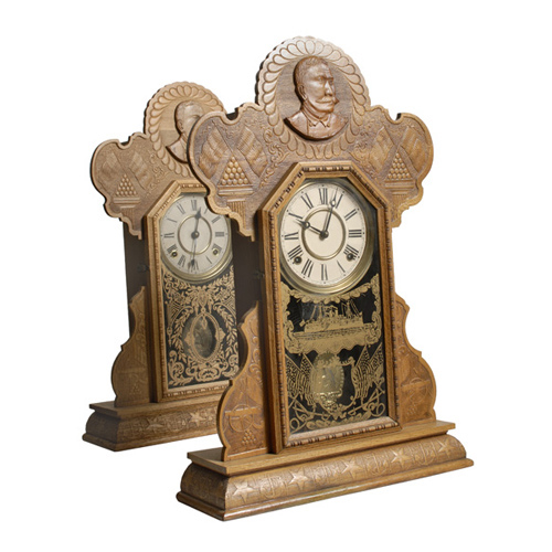 Pair of Ingraham Admiral Dewey Pressed Oak Clocks, — Antique Clocks Price Guide