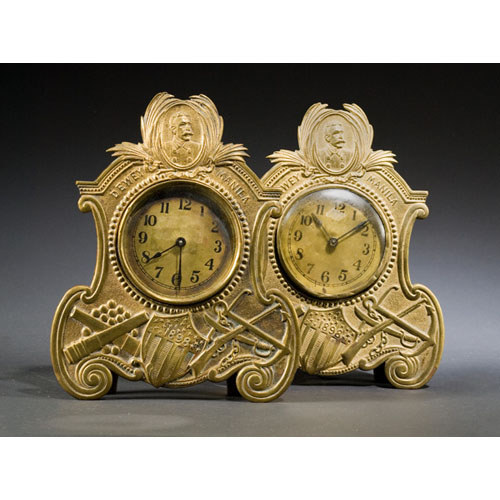 Pair Cast Brass Spanish American War Novelty Clocks, both unmarked Waterbury — Antique Clocks Price Guide