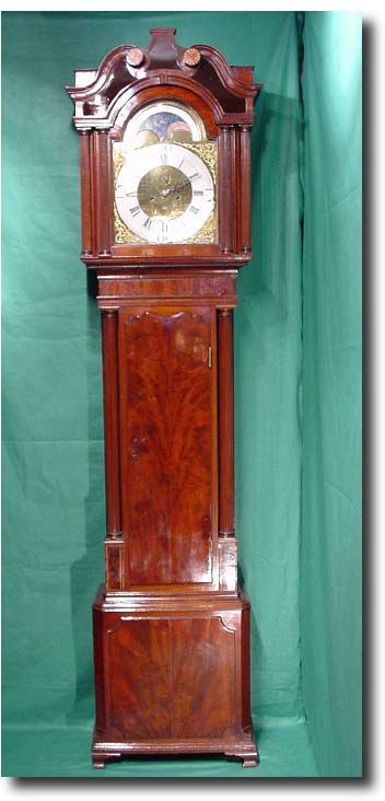 George III flame mahogany moonroller longcase clock, circa 1770 — Antique Clocks Price Guide