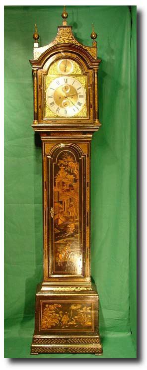 English George III black lacquer pagoda hooded 8- day longcase clock, circa 1790 — Antique Clocks Price Guide