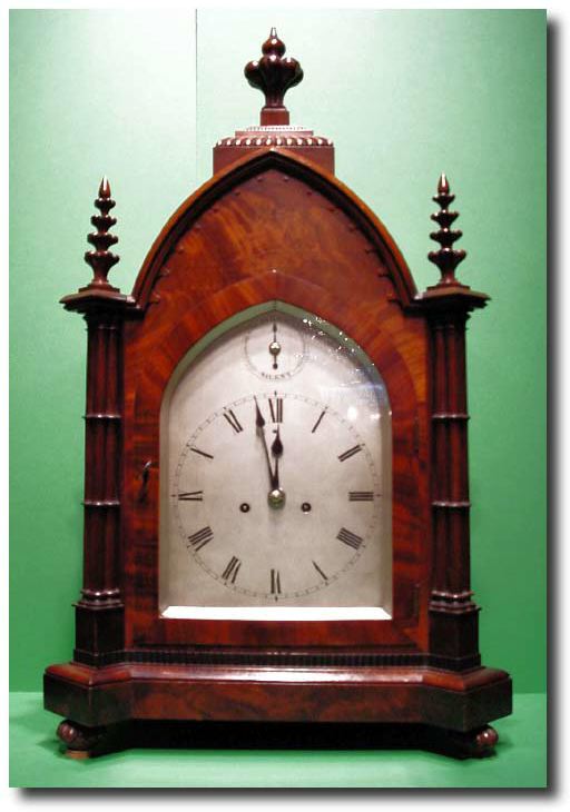 English mahogany cased silvered dial gothic bracket clock, circa 1839 — Antique Clocks Price Guide