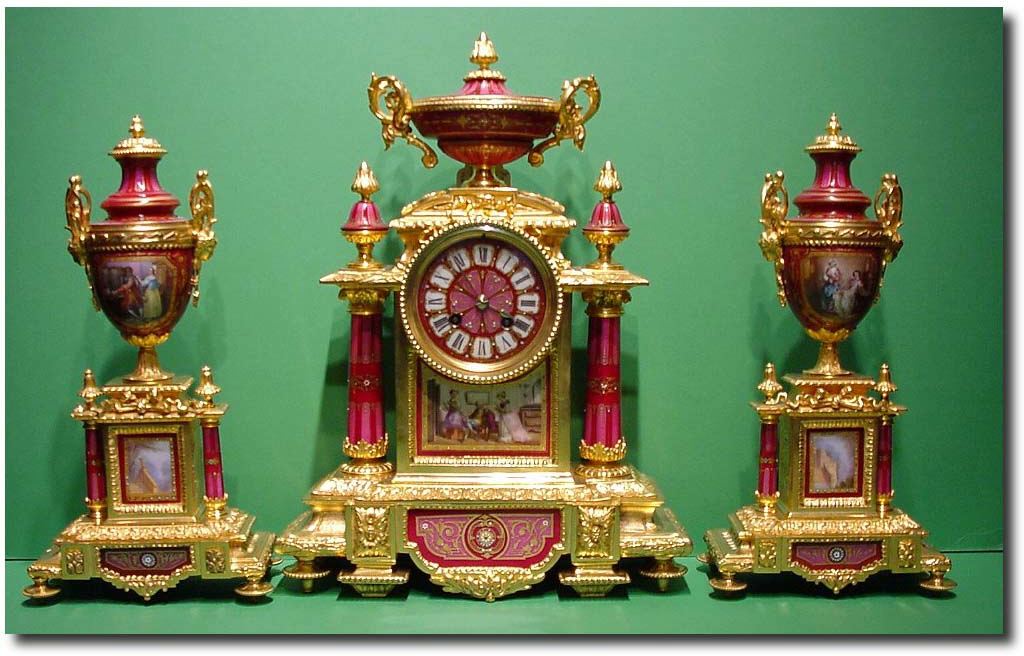 French gilt bronze and jewelled pink porcelain 3 piece clock garniture, Circa 1860 — Antique Clocks Price Guide