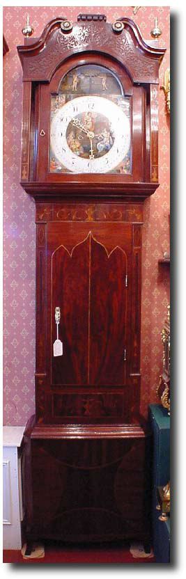 English automation Adam and Eve mahogany and inlayed longcase clock by "John Alkar", Wigan — Antique Clocks Price Guide