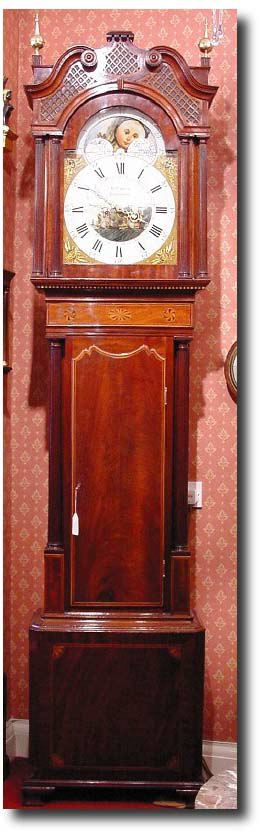 English mahogany painted dial moonroller longcase clock, circa 1800 — Antique Clocks Price Guide