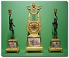 French gilt bronze and porcelain panelled lyre 3 piece clock garniture, circa 1860.