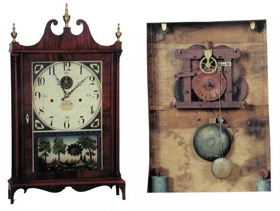 Very Rare pillar and scroll clock with the "Inside-Outside", visible escapement, and the off center swing of the pendulum. — Antique Clocks Price Guide