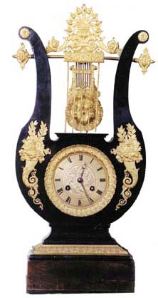 French Lyre Mystery clock, ca 1830. Round 8 day movement, outside count wheel, strikes a brass bell, and runs strong. — Antique Clocks Price Guide
