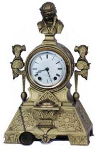 Seth Thomas & Sons metal clock, No. 8030. Case is 14 1/2 inches high and most probably was repainted at some time in a dull bronze color. — Antique Clocks Price Guide