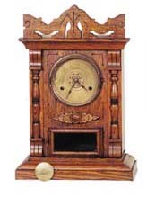 New Haven cabinet clock, "Russia", ca 1889. Great antique oak case is 18 1/2 inches high, one brass ornament, below the dial. — Antique Clocks Price Guide