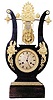 French Lyre Mystery clock, ca 1830. Round 8 day movement, outside count wheel, strikes a brass bell, and runs strong.