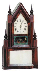 Elisha Manross sharp gothic steeple clock with 8 day strap frame, rare movement. — Antique Clocks Price Guide