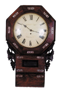 English drop trunk wall clock, time only, fusee movement. Painted 12 inch iron dial, signed "Birmingham". — Antique Clocks Price Guide