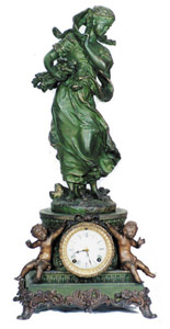Ansonia Clock Co. statue clock, "Sybil & Winter", a rare combination of base and statue, in the Art Noveau line, ca 1904. — Antique Clocks Price Guide