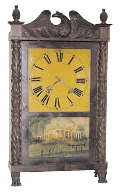 Early shelf clock with carved half columns and splat, pineapple finials, claw feet. The old label reads, "Manufactured for George Mitchell, by Atkins & Downs, Bristol, Conn". It was made around 1831-1832. — Antique Clocks Price Guide