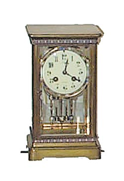 French brass crystal regulator, decorated with cloisonne around the base, top, dial, and pendulum. 4 good beveled glasses. — Antique Clocks Price Guide