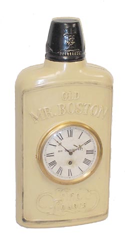 Gilbert Clock Co., novelty advertising clock, for "Old Mr. Boston-Fine Liquors", ca 1920's. — Antique Clocks Price Guide
