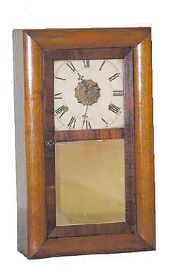 Smith & Goodrich, Bristol, Conn., ca 1847. This is a double fusee shelf clock in a miniature case only 15 inches high. — Antique Clocks Price Guide