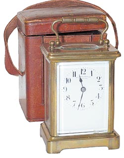 French Carriage clock in a 5 1/2 inch high brass case, by "Delepine-Barrois, France, 11 Jewels", as signed on the movement. — Antique Clocks Price Guide