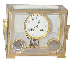 French crystal regulator in an unusual case style with accessories we don't usually find in a crystal regulator, thermometer and barometer. — Antique Clocks Price Guide