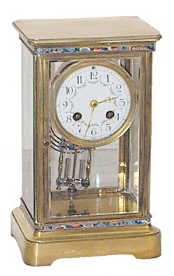 French crystal regulator with cloisonne trim around the top, base, and pendulum. — Antique Clocks Price Guide